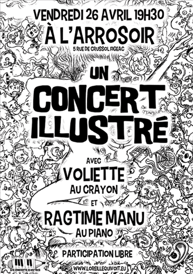 l'oreille qui voit, association, site, bandes dessinées, concert illustré, affiche, concert Violette Ragtime Manu